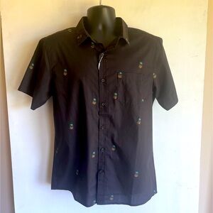 VISSLA Black Short Sleeve Shirt with Embroidered Accents, front pocket, medium